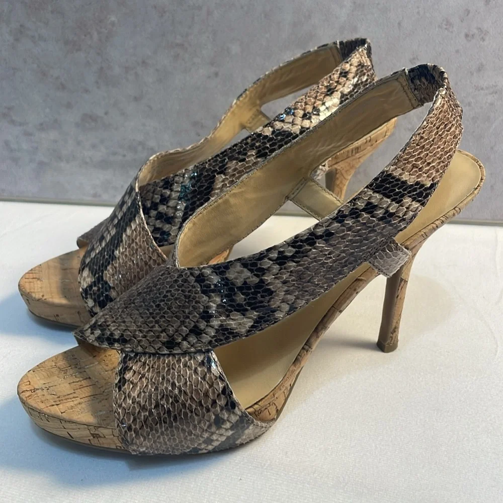 NINE WEST Snakeskin Cork Bottom 4” Heels Crossover Straps Sandals Classic 8.5M‎